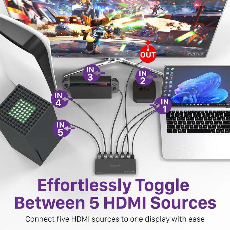 Fosmon 5-Port HDMI 8K Switch with Remote, Support 8K@60Hz 4K@120Hz HDR10+ HDCP 2.3 High Speed 48Gbps 5 in 1 Out Auto-Switching 5x1 HDMI 2.1 Switcher Splitter Hub Compatible with PS5, Xbox X, Apple TV - Image 5